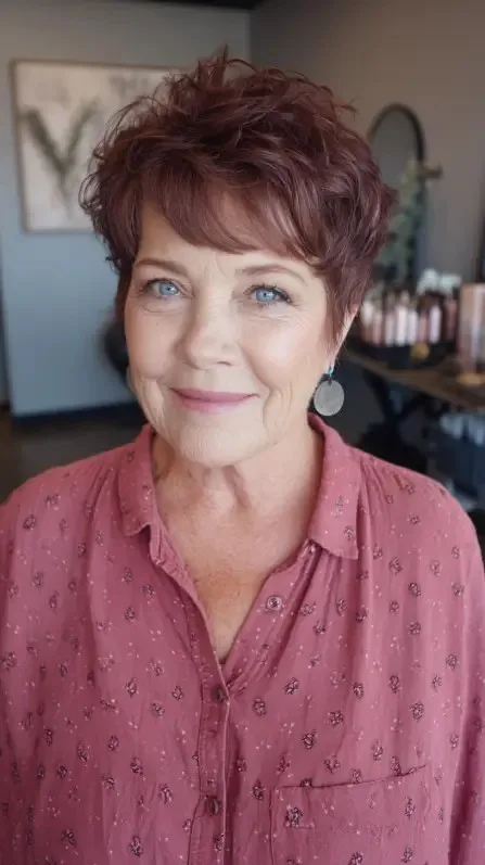 Short Textured Curls with Rich Auburn Highlights