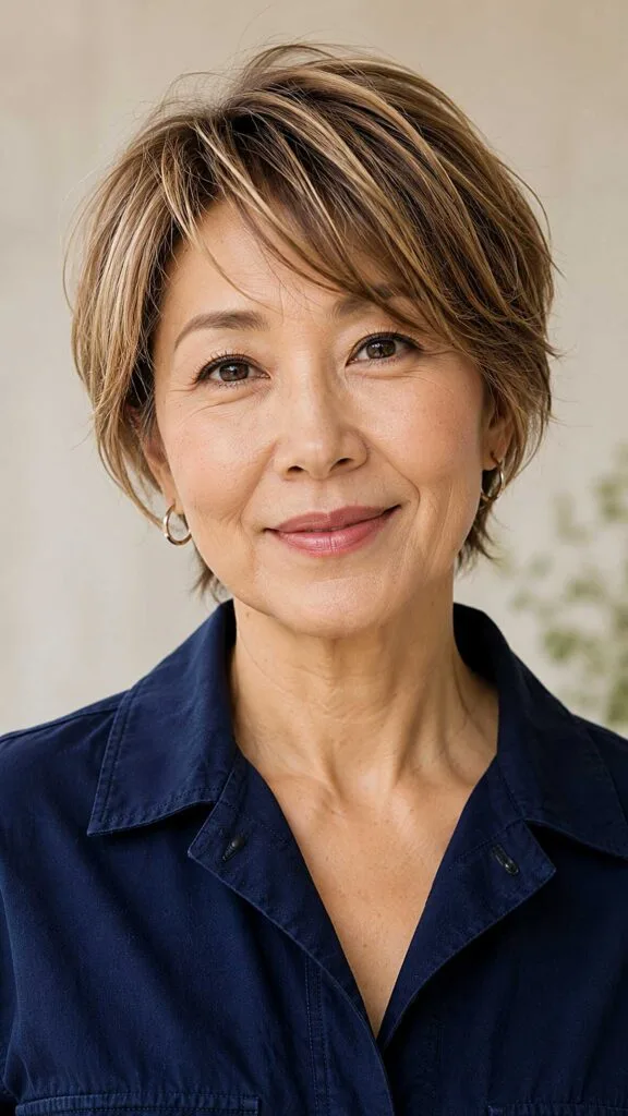 Short textured pixie with blonde highlights on light brown