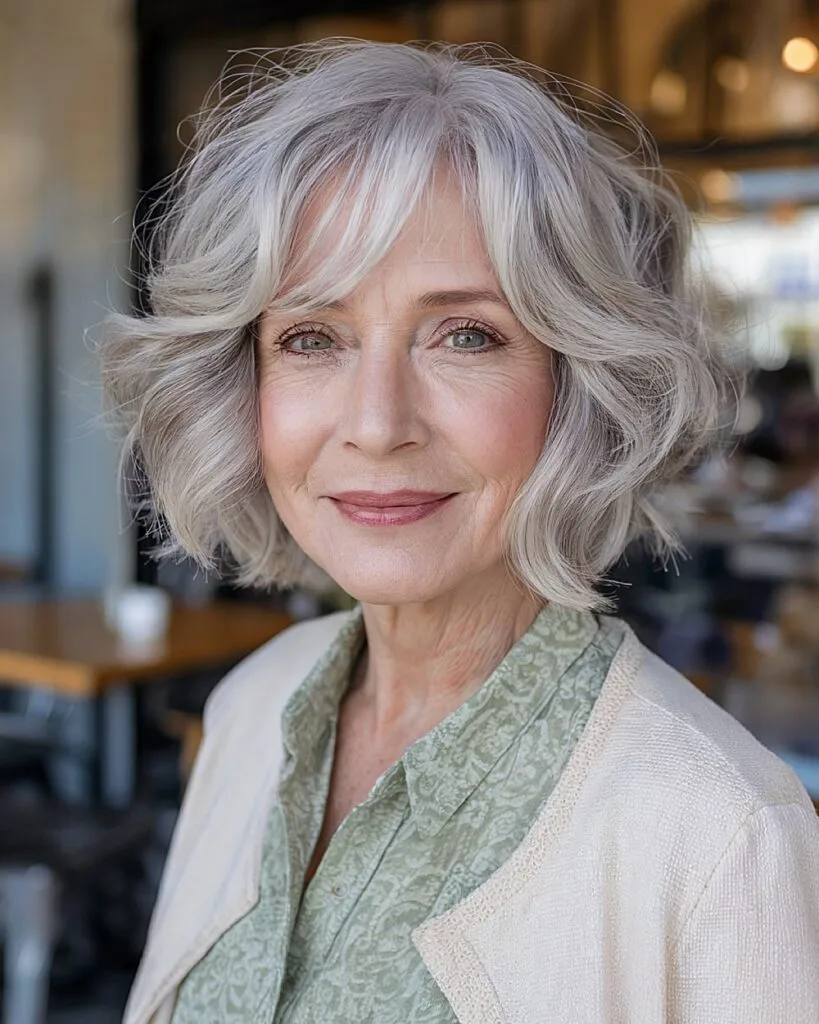 Short wavy bob with side-swept fringe for women over 70 with natural gray hair