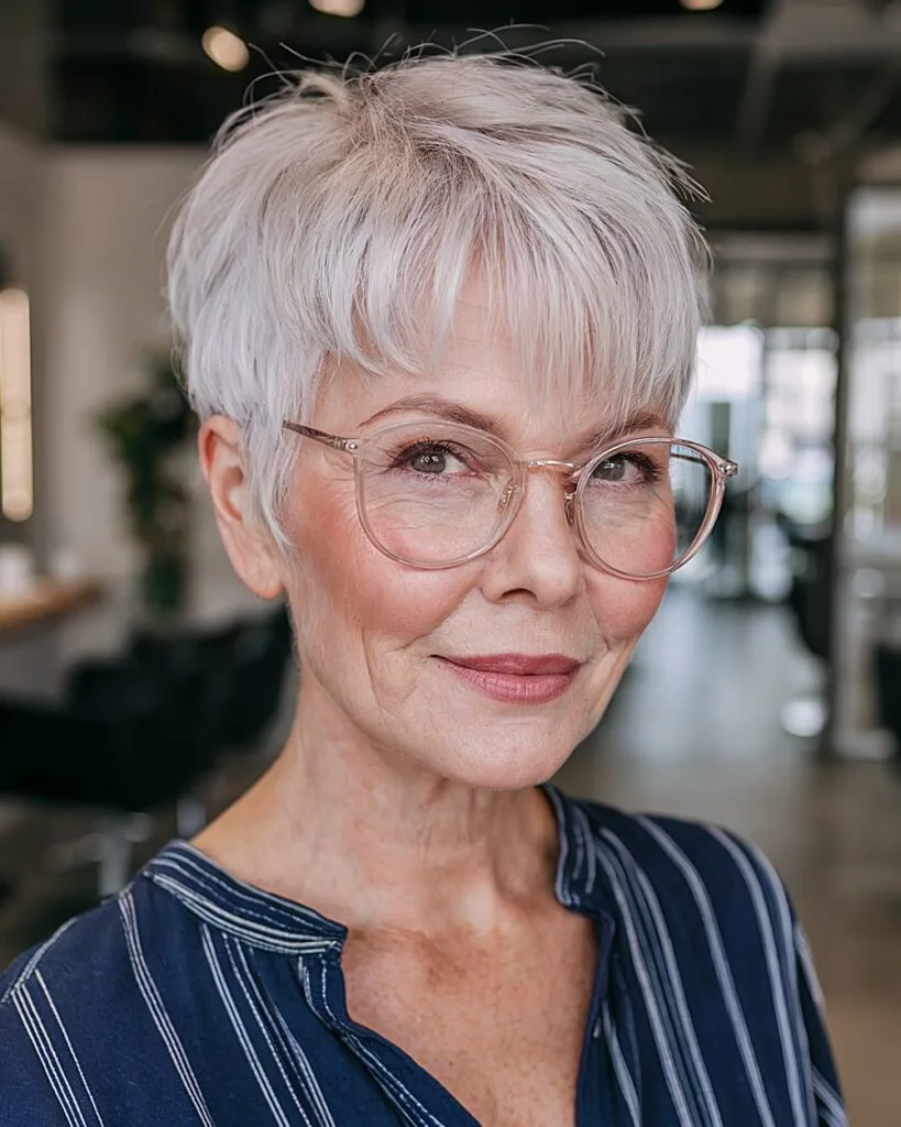 Short white pixie cut with soft layers for women over 70 with fine hair and glasses
