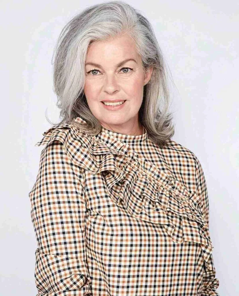 Shoulder-Length Grey Hair with Flicked Ends for 50-Year-Olds