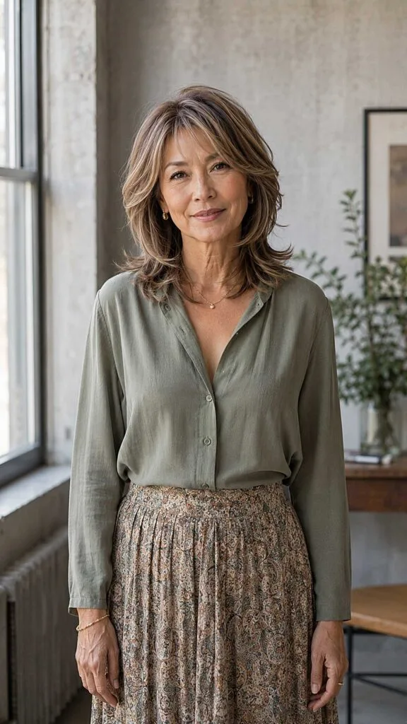 Shoulder-length layered cut with honey highlights and bangs