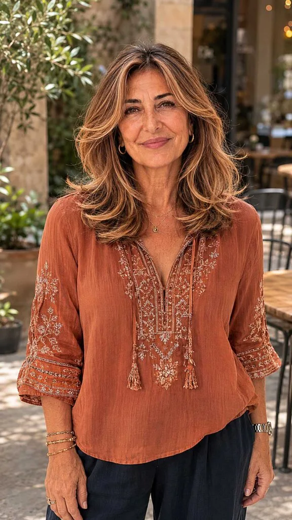 Shoulder-length wavy light brown hair with caramel highlights