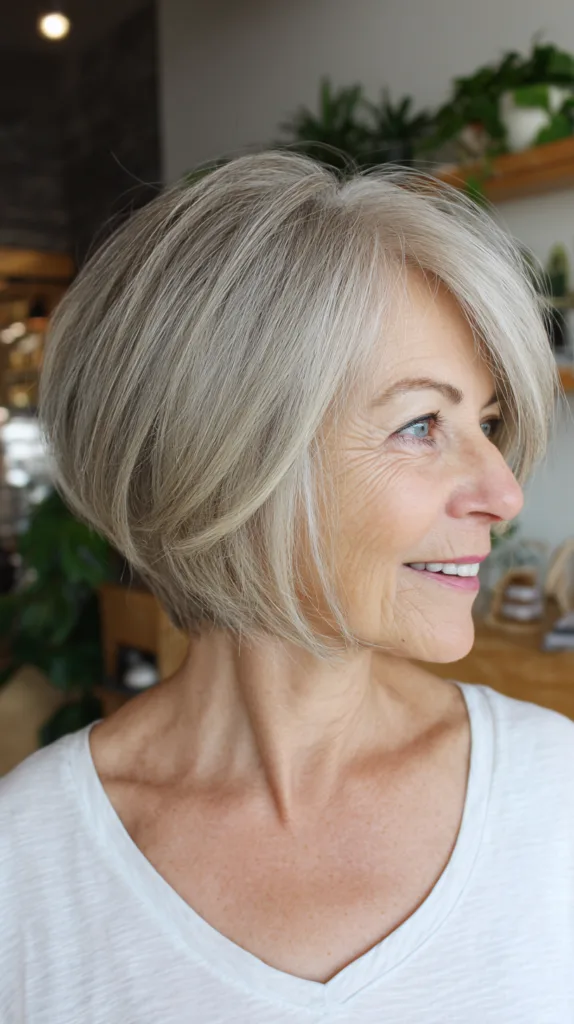 Silver ash classic stacked bob with side-swept fringe