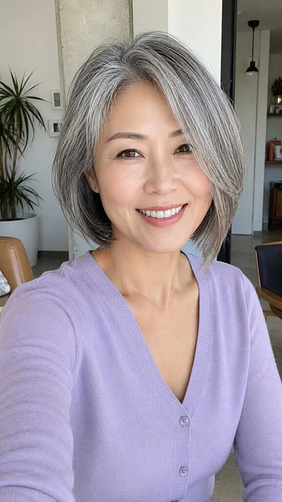 Silver bob with wispy fringe and soft layering