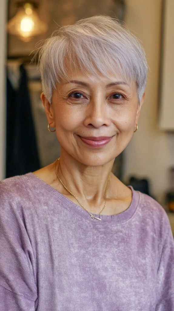 Silver Pixie with Side-Swept Long Fringe and Crown Lift