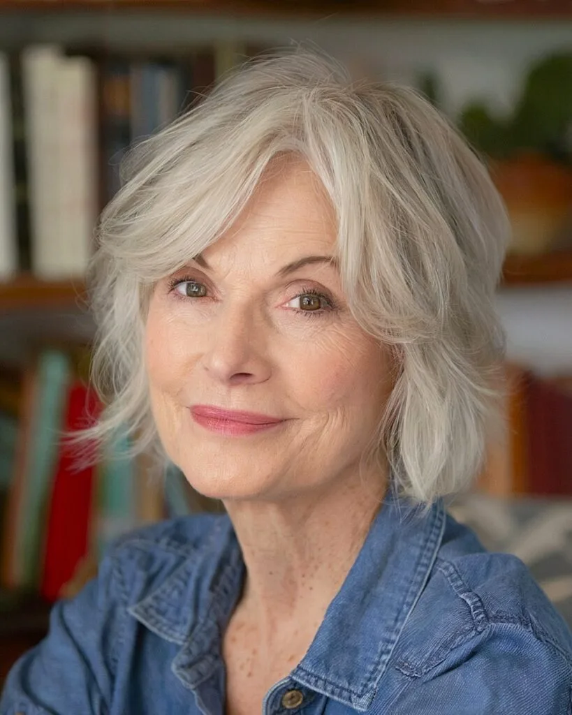 Silver shaggy bob with choppy layers and side bangs for fine-haired women over 50