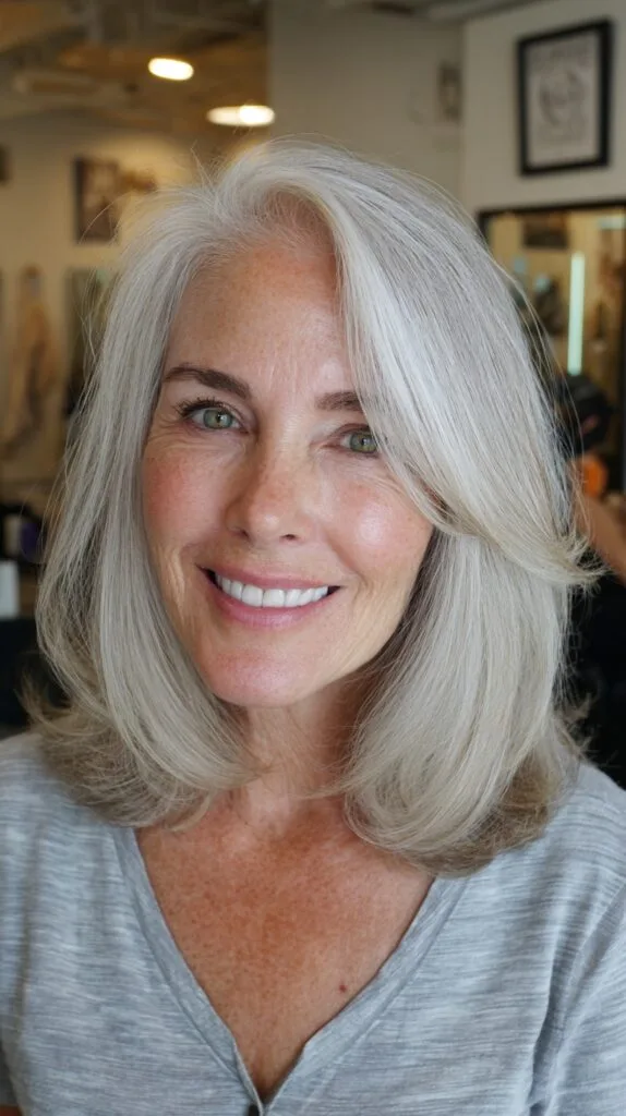Silver Shoulder-Length Layers with Side-Swept Fringe