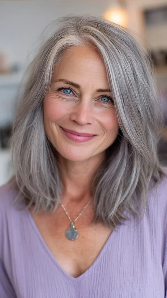 Silver Shoulder-Length Lob with Feathered Face-Framing