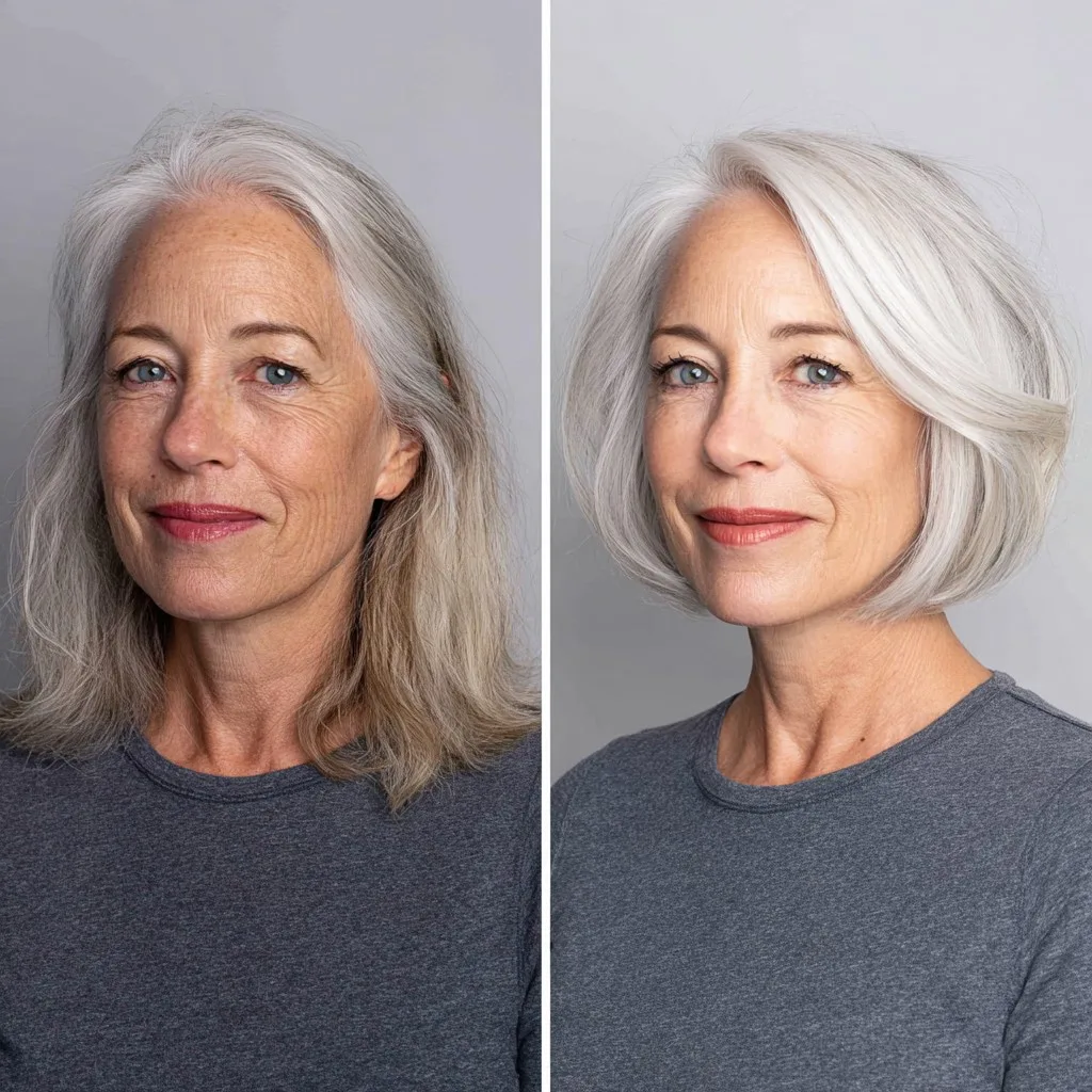 Silver Stacked Chin-Length Bob with Side-Swept Face Frame