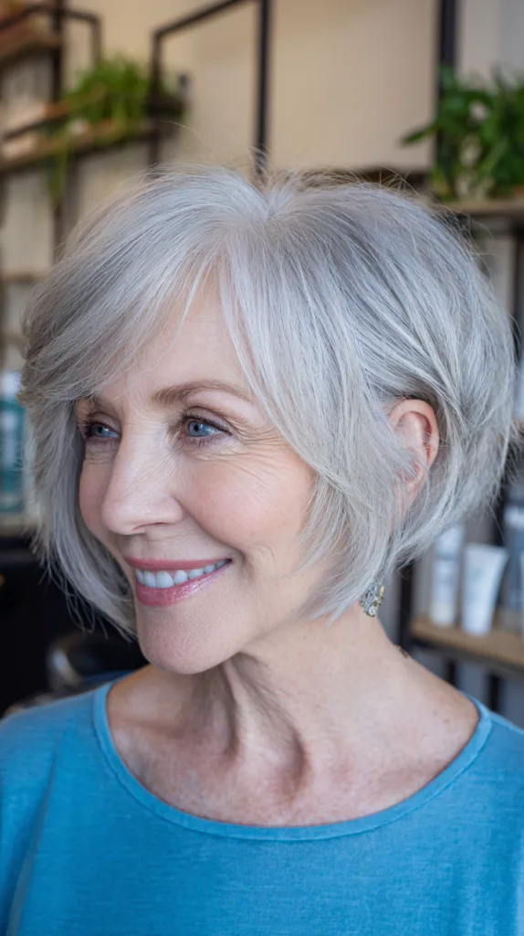 Silver wispy chin-length stacked bob with soft bangs