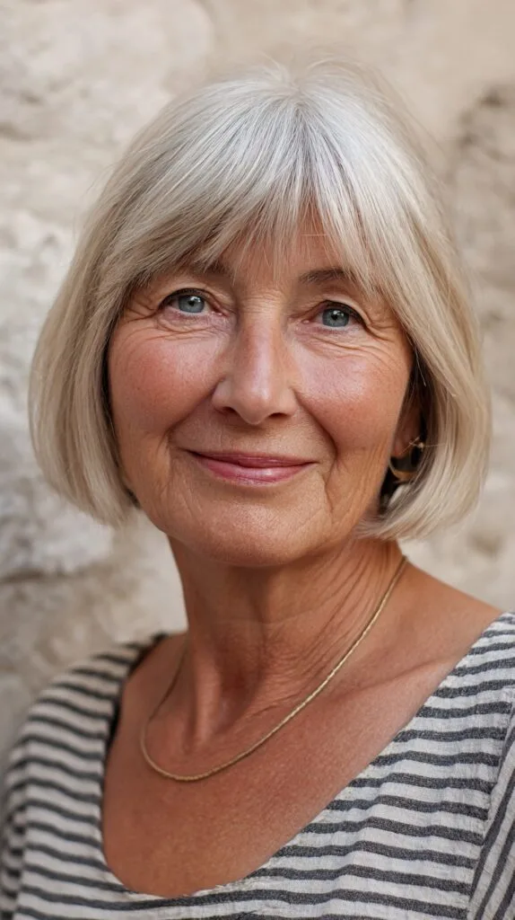 Silvery Blunt Jaw-Length Bob with Subtle Curtain Fringe