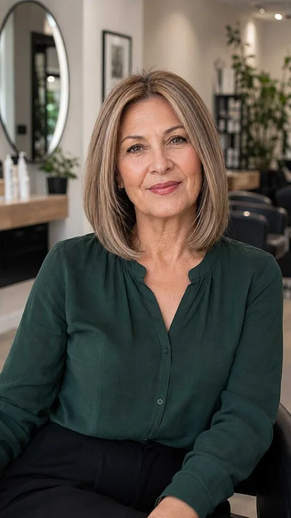 Sleek collarbone-length lob with cool-toned highlights