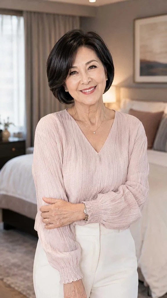 Sleek dark chin-length bob with soft side part