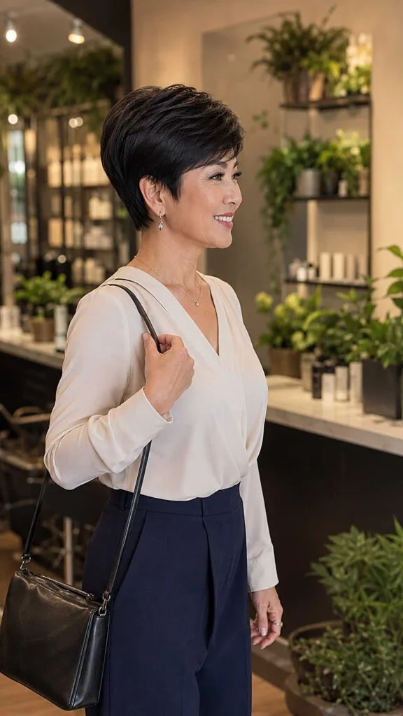 Sleek dark pixie cut with tapered neckline, side view