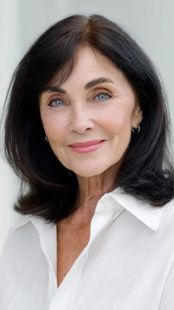 Sleek Dark Shoulder-Length Lob with Soft Curtain Fringe