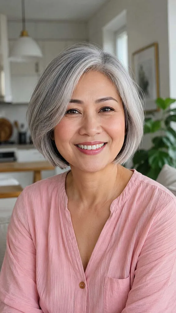 Sleek side-parted silver bob on medium texture