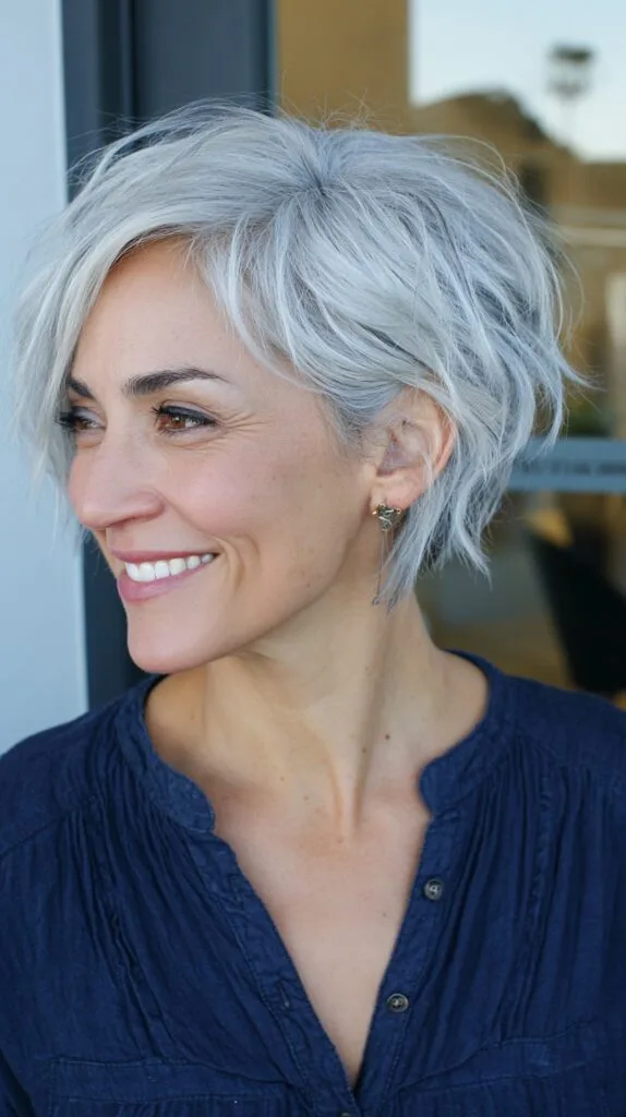 Sleek Silver Layered Crop for Mature Women