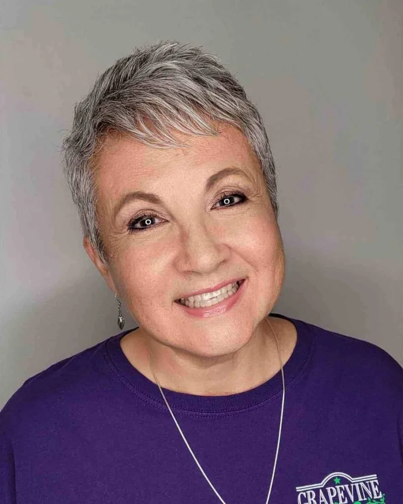 Sleek Silver Pixie with Textured Bangs for Women 60 and Over