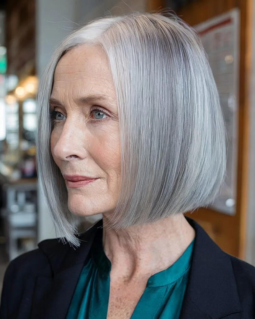 Sleek straight blunt bob for women over 70 with silver-white fine hair