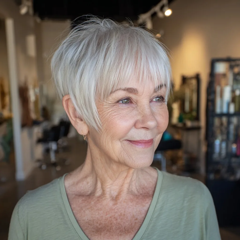 Sleek Textured Pixie Cut with Playful Long Bangs