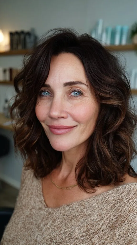 Smoky Chocolate Shoulder-Length Soft Layers with Face-Framing