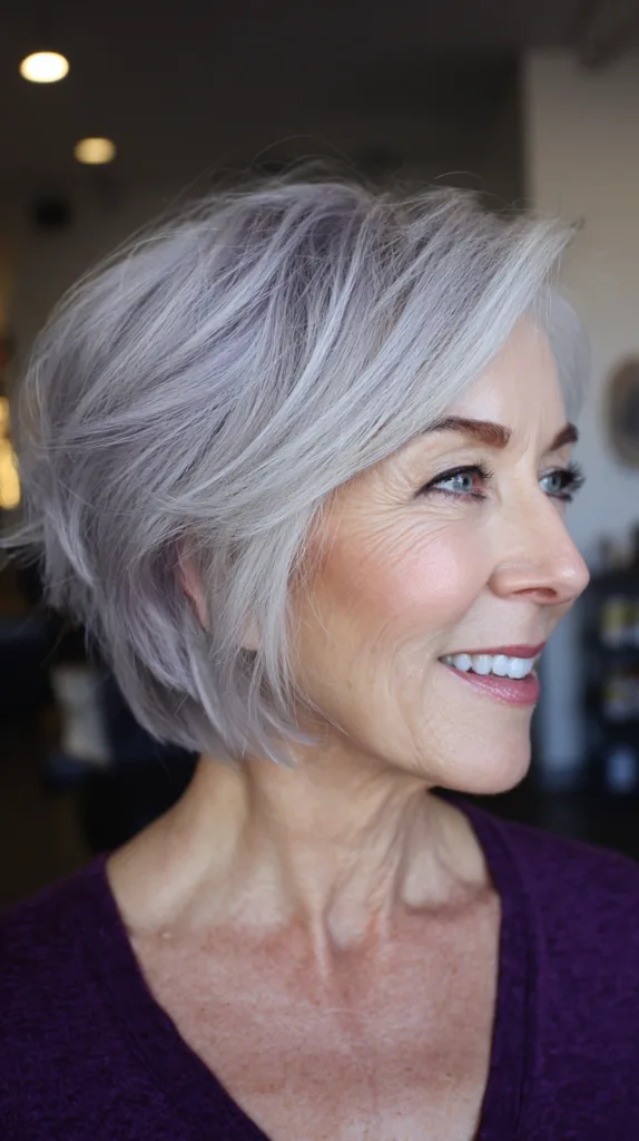 Smoky silver voluminous stacked bob with movement