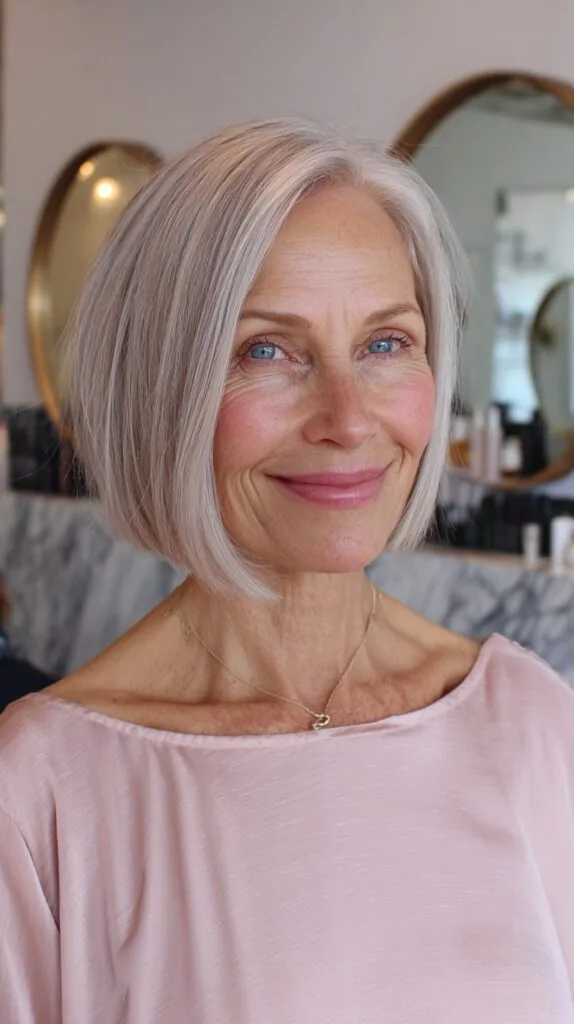 Soft Angled Silver Jaw-Length Bob with Clean Side Part