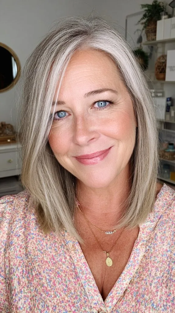 Soft Angled Silver Lob with Face-Framing Layers
