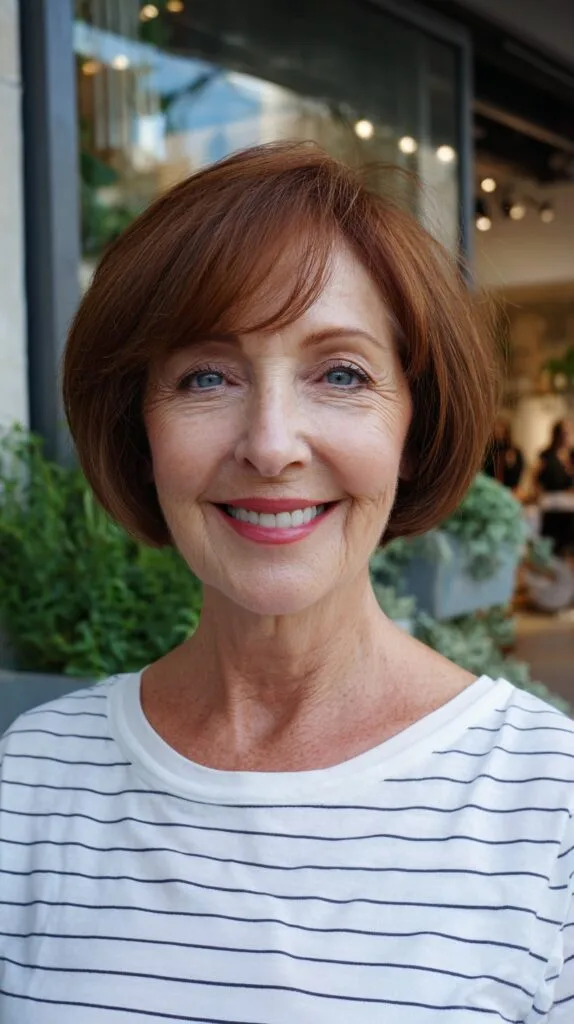 Soft Auburn Rounded Bob with Subtle Lifted Crown and Curtain Fringe