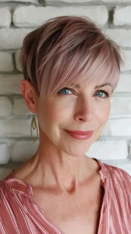 Soft Blush Pixie Cut with Long Bangs