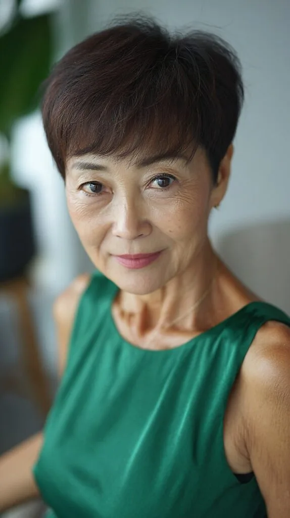 Soft Brown Micro-Pixie with Wispy Long Bangs