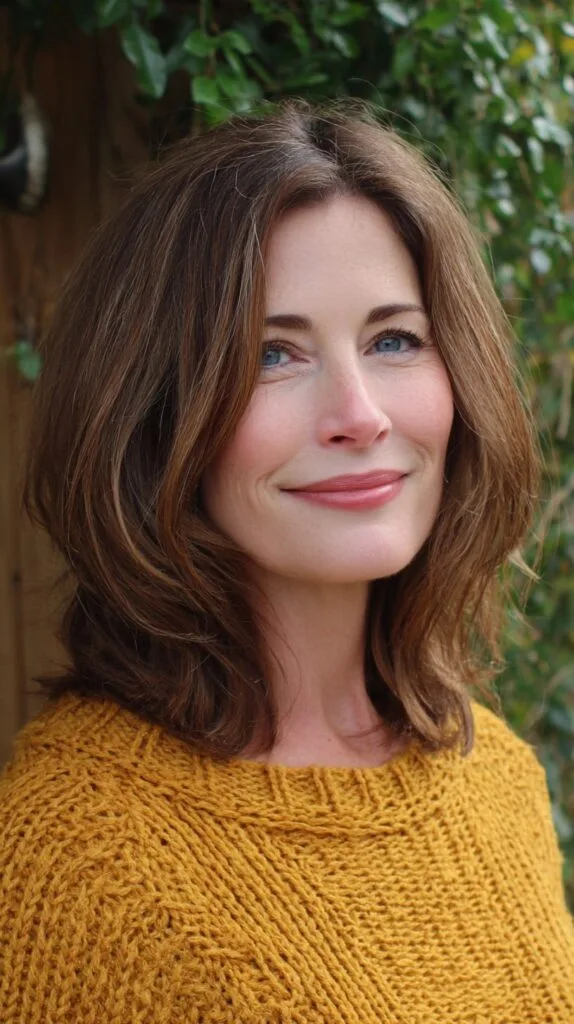 Soft Chestnut Mid-Length Layered Lob with Subtle Face-Framing