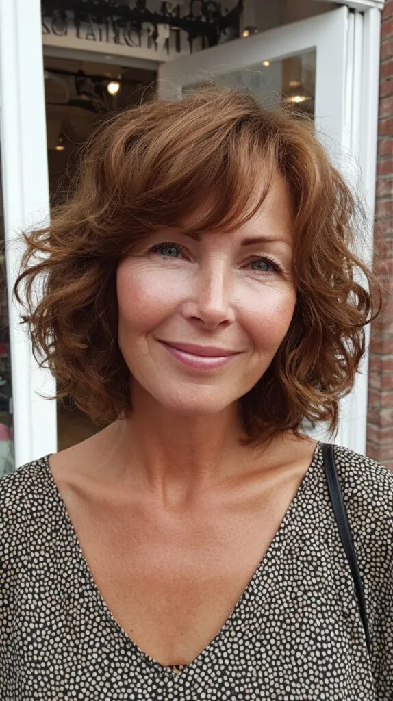 Soft Chestnut Shaggy Bob with Side Curtain Fringe