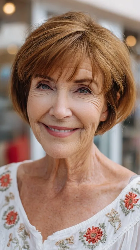 Soft Copper Stacked Short Bob with Sheer Wispy Fringe
