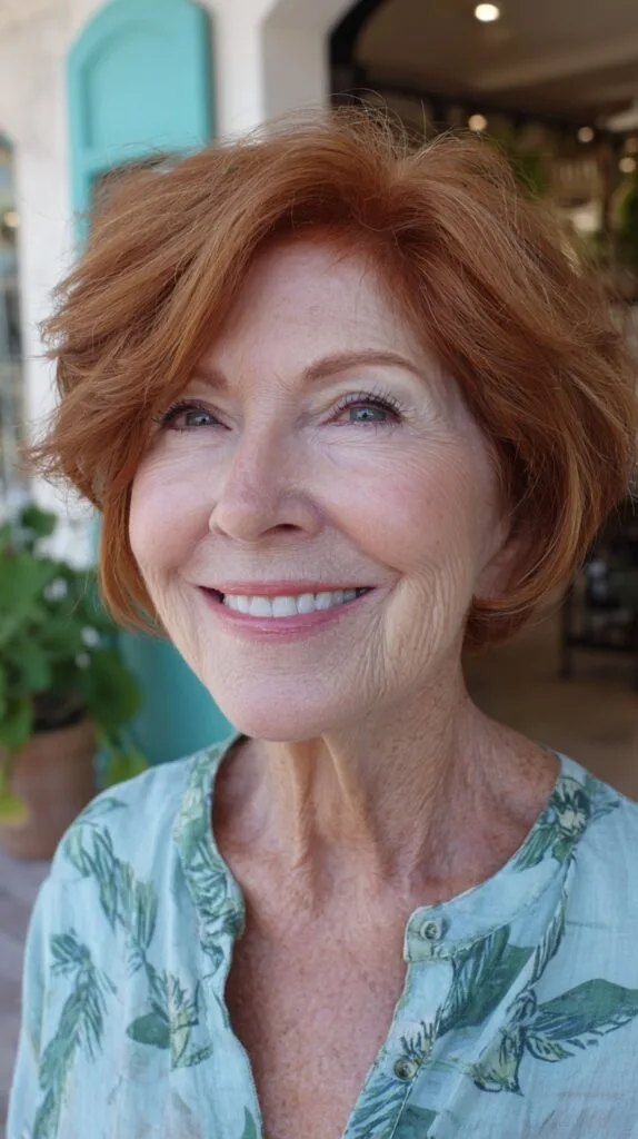 Soft Copper Textured Short Stacked Bob with Side-Swept Lift