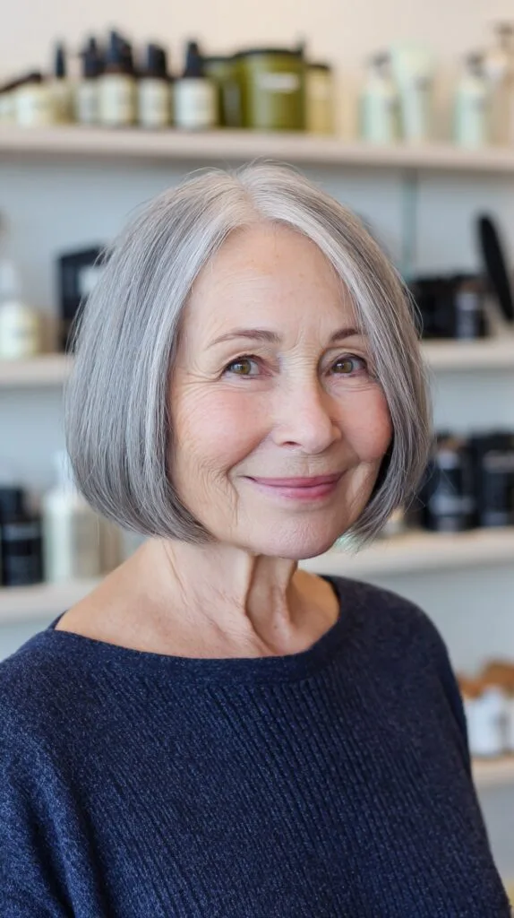 Soft Jaw-Grazing Silver Bob with Center Part and Interior Graduation