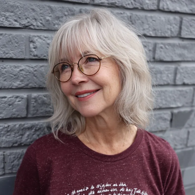 Soft Layered Silver Bob with Wispy Bangs