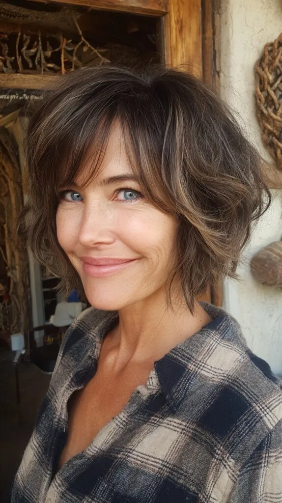 Soft Rooted Chestnut Shag-Bob with Airy Face-Framing