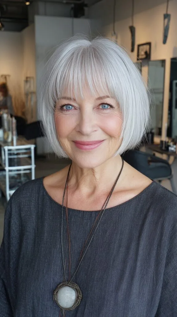 Soft Rounded Jaw-Length Silver Bob with Wispy Micro-Fringe