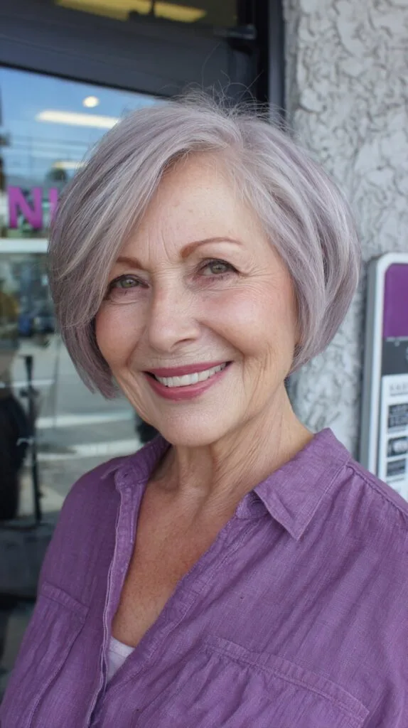 Soft Silver-Lavender Stacked Chin-Length Bob with Side-Sweep