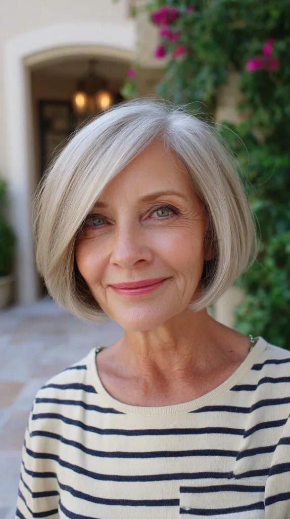 Soft Silver Side-Parted Chin-Grazing Blunt Bob