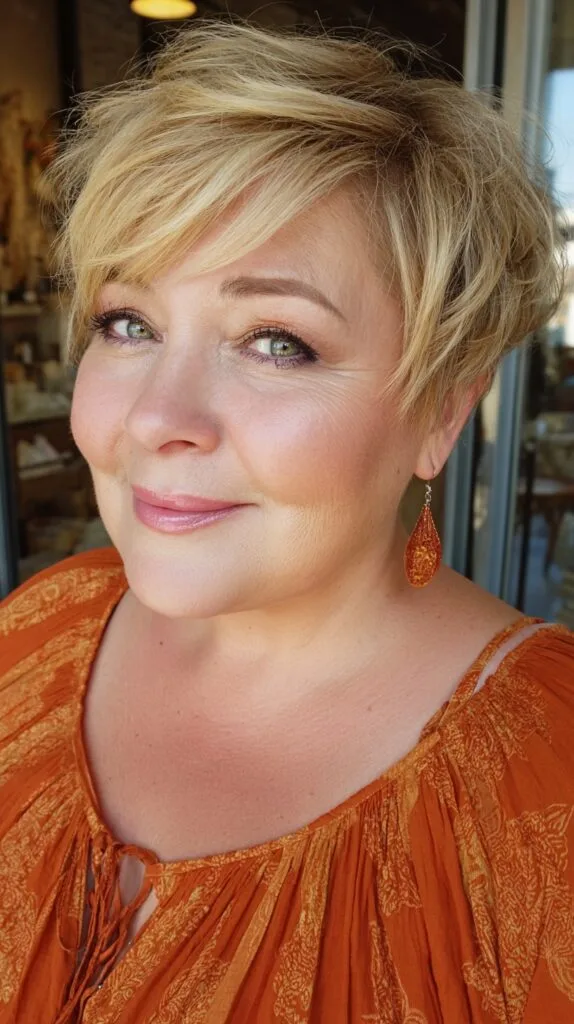 Soft Textured Blonde Pixie with Side-Swept Fringe and Tapered Nape