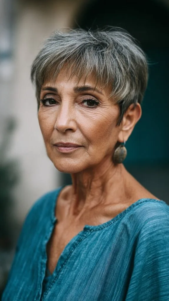Soft Textured Grey Pixie with Micro Fringe and Crown Lift