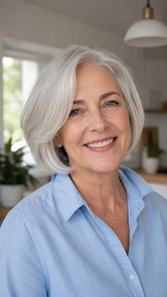 Soft white bob with gently tucked-under ends