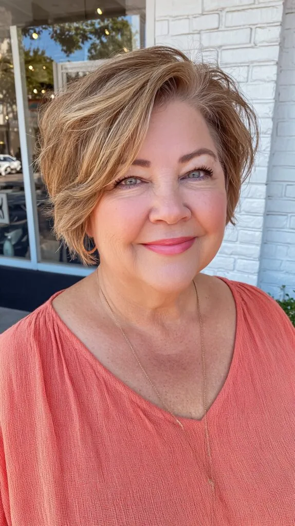 Softly Graduated Side-Swept Stacked Bob with Dimensional Blonde