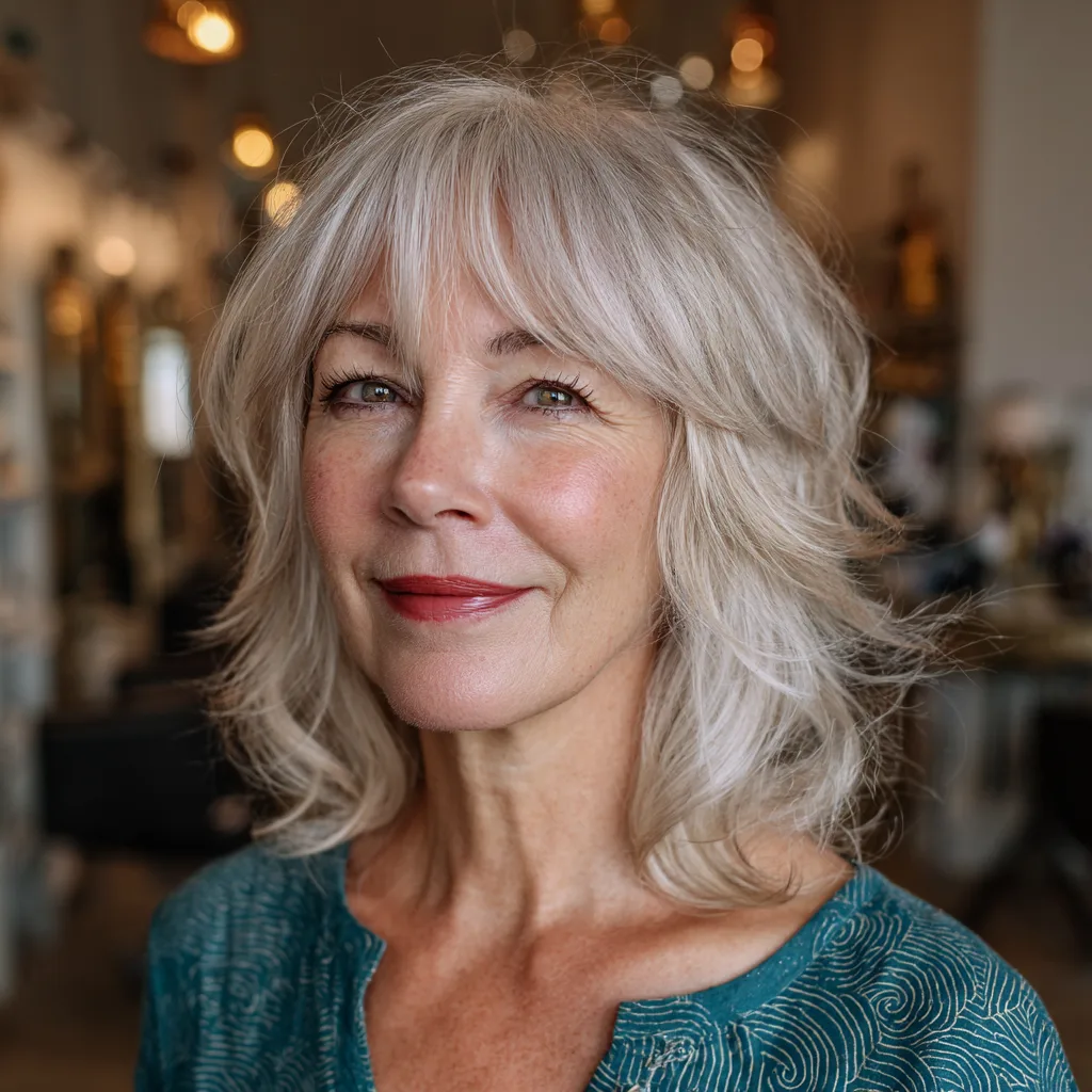 Softly Layered Ash Blonde Cut with Feathered Bangs