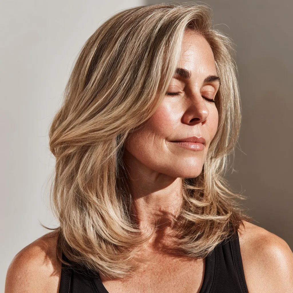Softly Layered Ash Blonde Mid-Length Cut with Gentle Movement