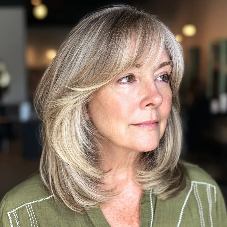 Softly Layered Blonde Balayage with Face-Framing Bangs