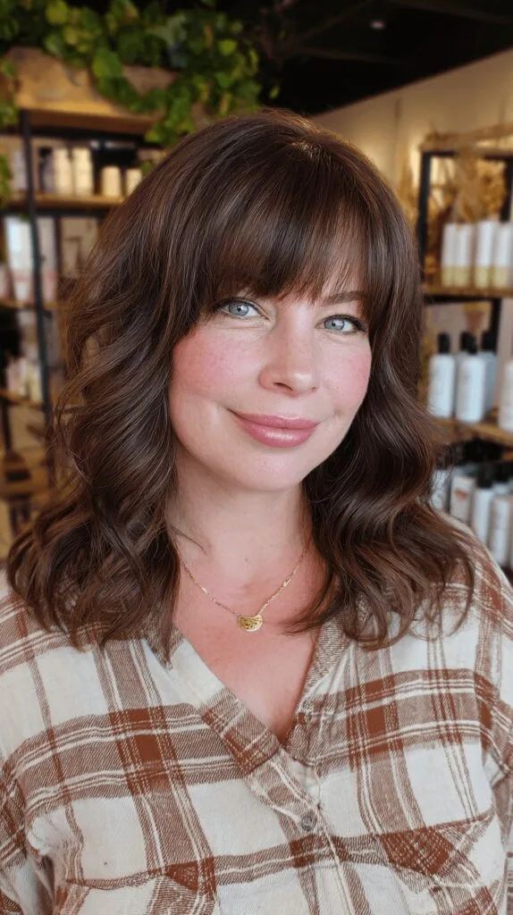 Softly Layered Brown Waves with Face-Framing Bangs
